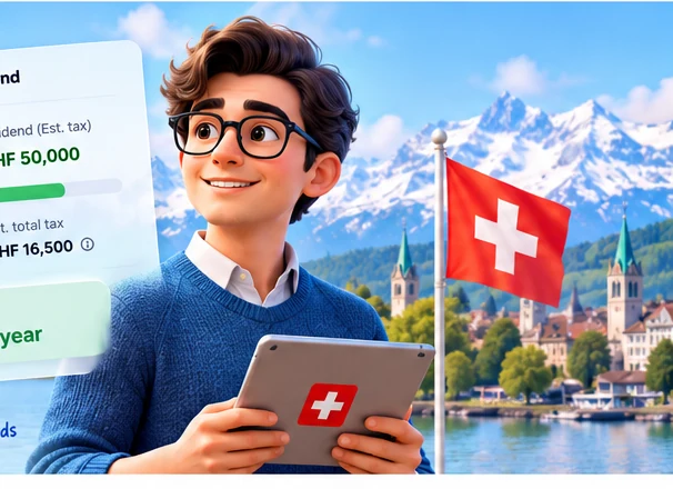 Illustration einer Schweizer Finanzentscheidung vor Alpenkulisse